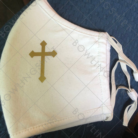 Wear your mask!! White and gold Cross mask perfect for church. Adjusting ear ties #19