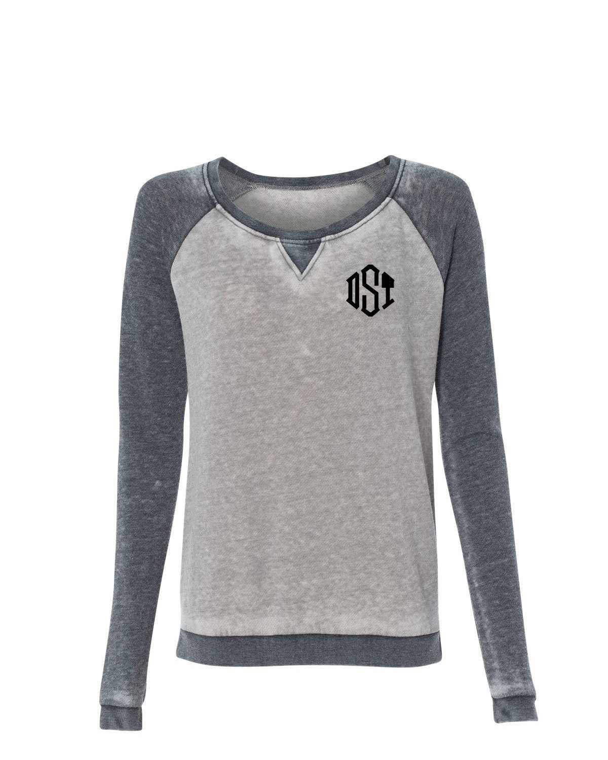 J. America Women’s Zen Fleece Reglan Large Sweatshirt Cement/Dark Smoke with Monogram