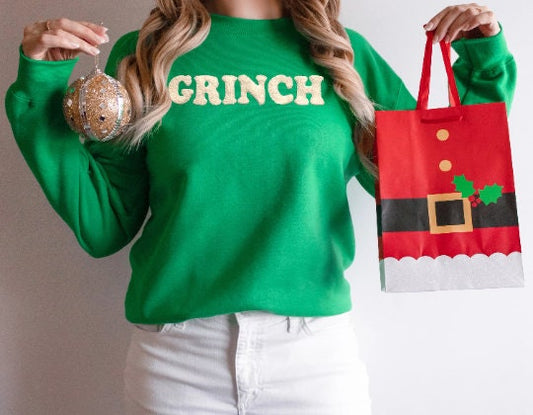 Grinch Crew Neck Sweatshirt With Chenille Letter Sewn in- So Cozy