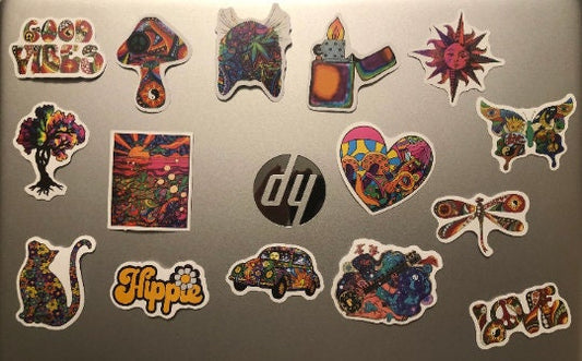 Psychedelic  all colors 70's Fun  Computer Stickers (Pack 27)  set o 15