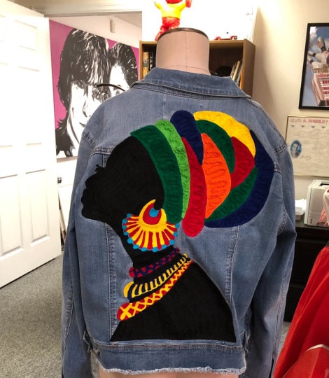 Chaninstitched Embroidered African woman  Denim Jacket One of a Kind made to order