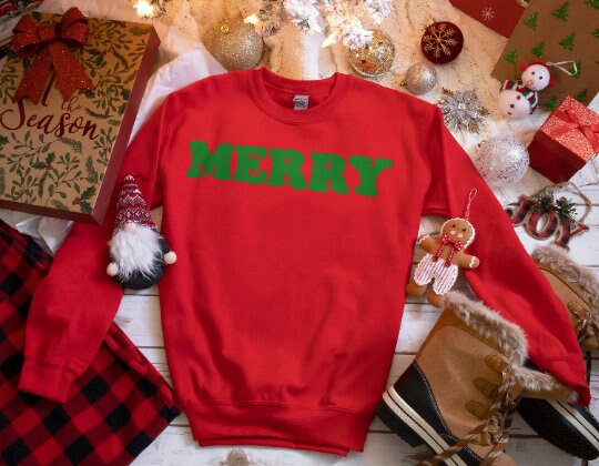 Merry Crew Neck Sweatshirt With Chenille Letters in Red or Green