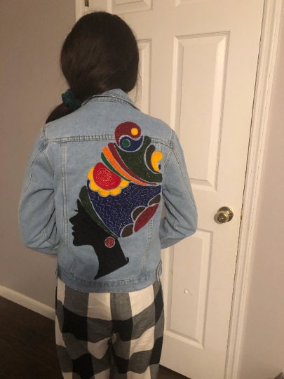 Chaninstitched Embroidered African woman 2 Denim Jacket One of a Kind made to order