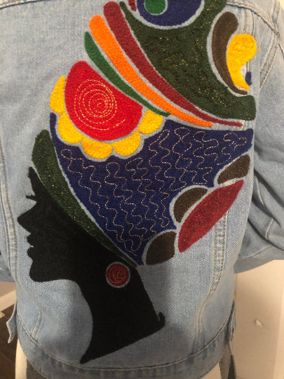 Chaninstitched Embroidered African woman 2 Denim Jacket One of a Kind made to order