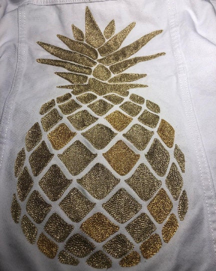 Chaninstitched Embroidered Golden pineapple Denim Jacket One of a Kind made to order
