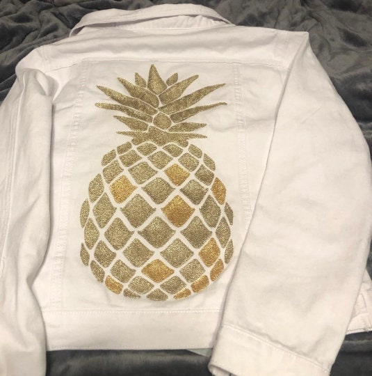 Chaninstitched Embroidered Golden pineapple Denim Jacket One of a Kind made to order