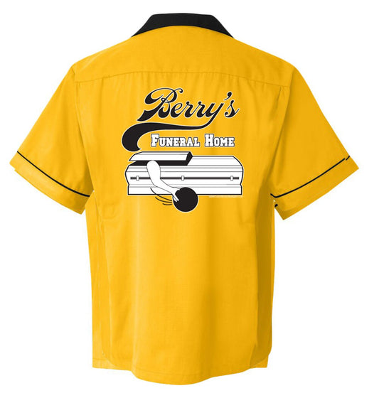 Berry's Funeral Home  - Classic Retro Gold and Black Bowling Shirt - Classic size XL ONLY    - Includes Embroidered Name #119
